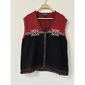 Vintage Woolrich Womens Black Snowflake V-Neck Vest XL Cotton Winter Holiday